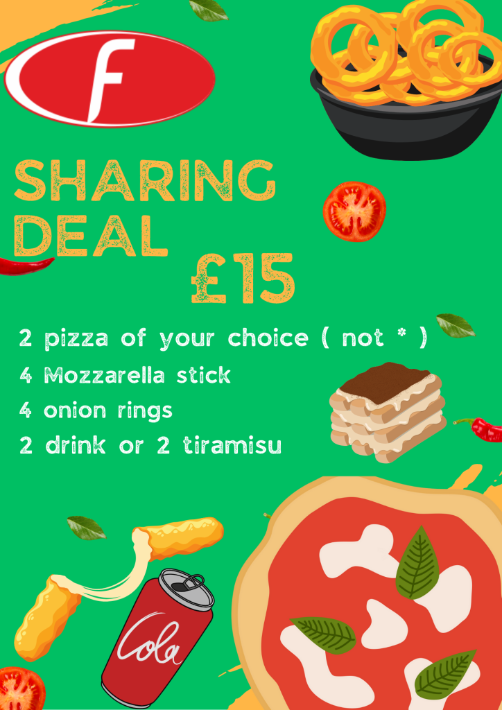 Sharing Deal get 2 pizza of your choice , portion of mozzarella stick , portion of onion rings and 2 drink or 2 Tiramisu