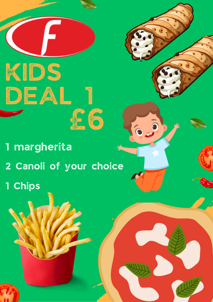 Kids Deal 1 get 1 margherita pizza 2 Canoli and a portion of chips
