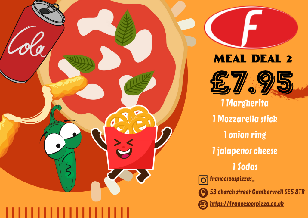 Meal Deal 2 Get 1 Pizza Margherita , portion of Mozzarella stick , portion of Onion Ring, Portion of Jalapenos Cheese, and 1 drink
