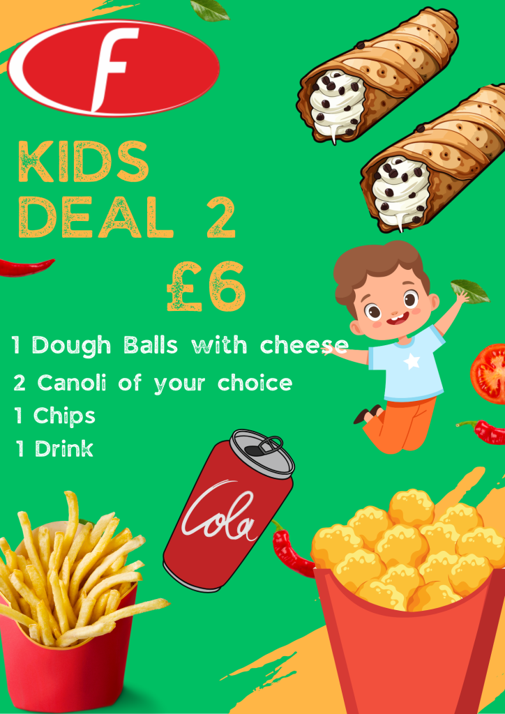 Kids Deal 2 get a portion of cheesy dough balls , 2 canoli , 1 portion of chips and 1 drink