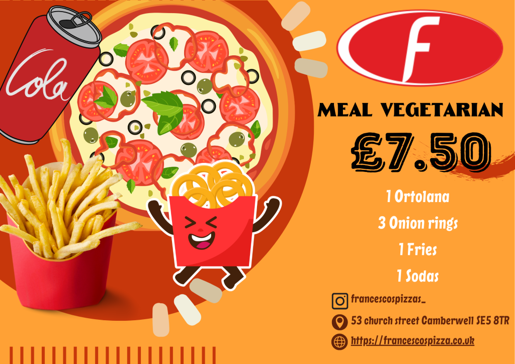 Meal Deal Vegetarian Gert 1 pizza Ortolana , 1 portion of onion rings 1 portion of fries and 1 Drink