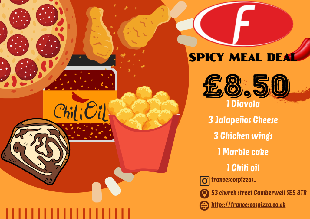 Spicy meal deal get a Pizza Diavola , jalapenos Cheese, chicken wings, marble cake , chilli oil